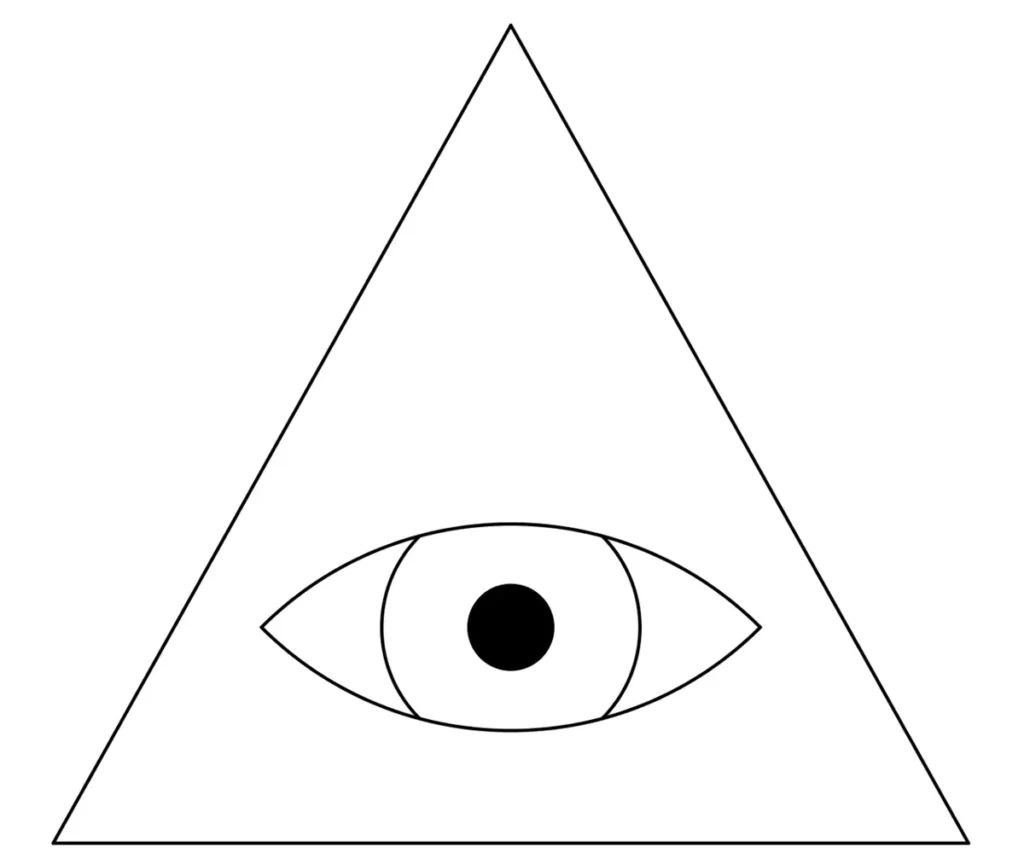 Triangular All-Seeing Eye symbol merging mystical traditions like Eye of Providence and Eye of Ra
