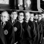 Masonic lodge members in ceremonial regalia during freemasonry degree initiation