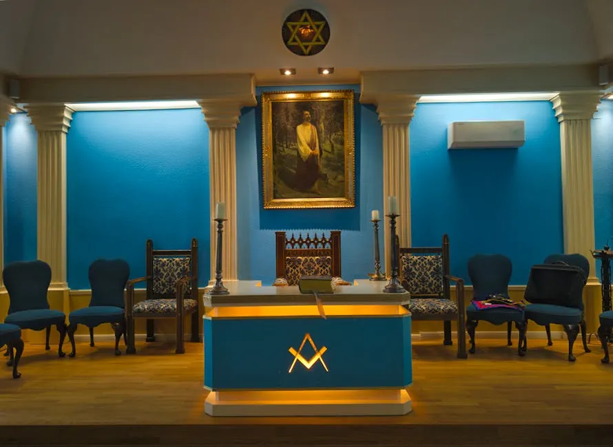 Masonic lodge interior with symbolic elements central to Jachin and Boaz teachings