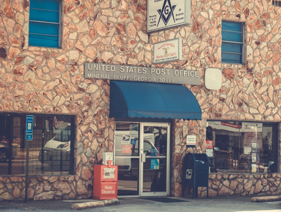 Masonic lodge building entrance displaying fraternal organization signage