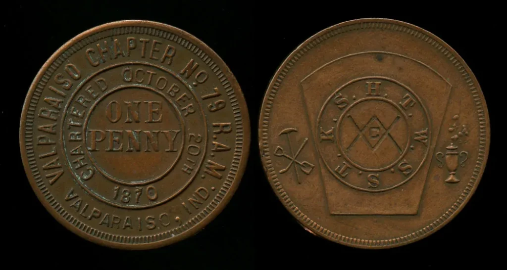 Valparaiso Chapter Royal Arch Masons charter token honoring Hiram Abiff