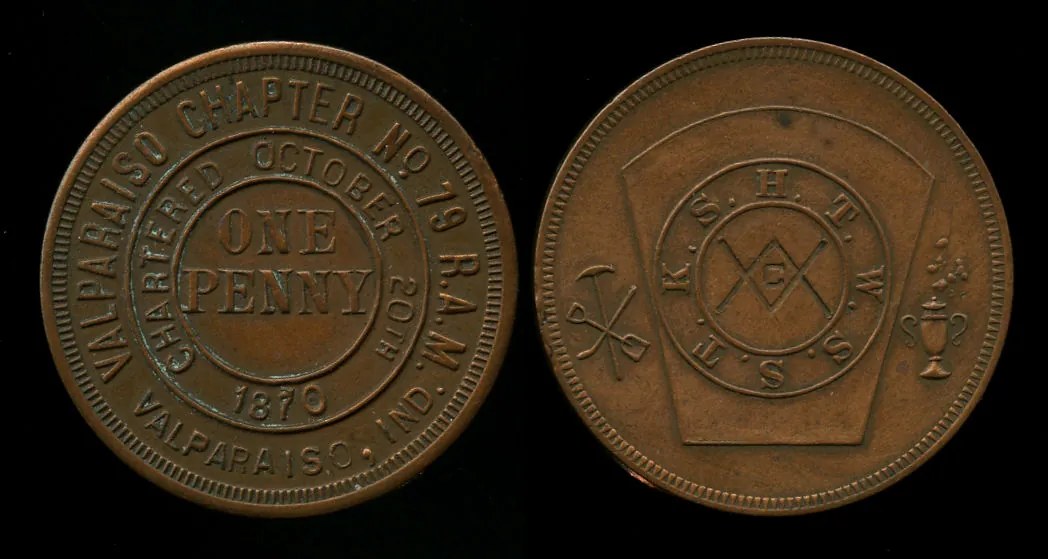 Valparaiso Chapter Royal Arch Masons charter token honoring Hiram Abiff