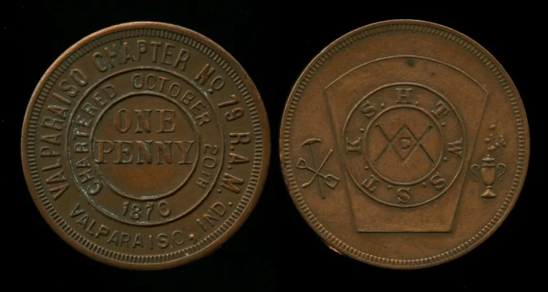 Valparaiso Chapter Royal Arch Masons charter token honoring Hiram Abiff
