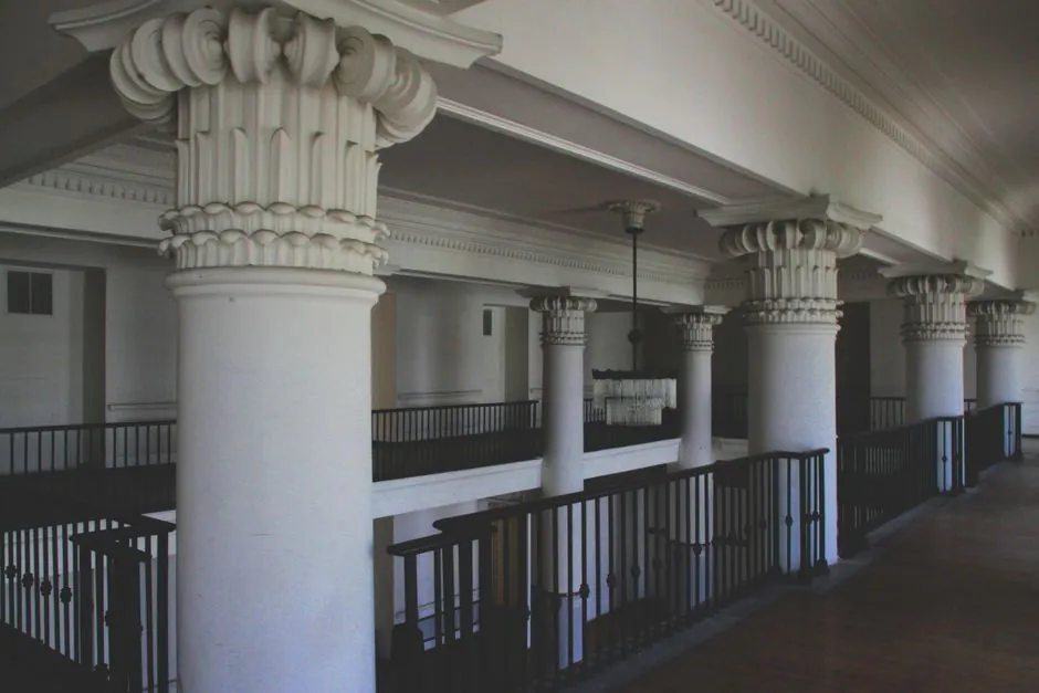 Masonic lodge interior with classical columns and ornate architectural design